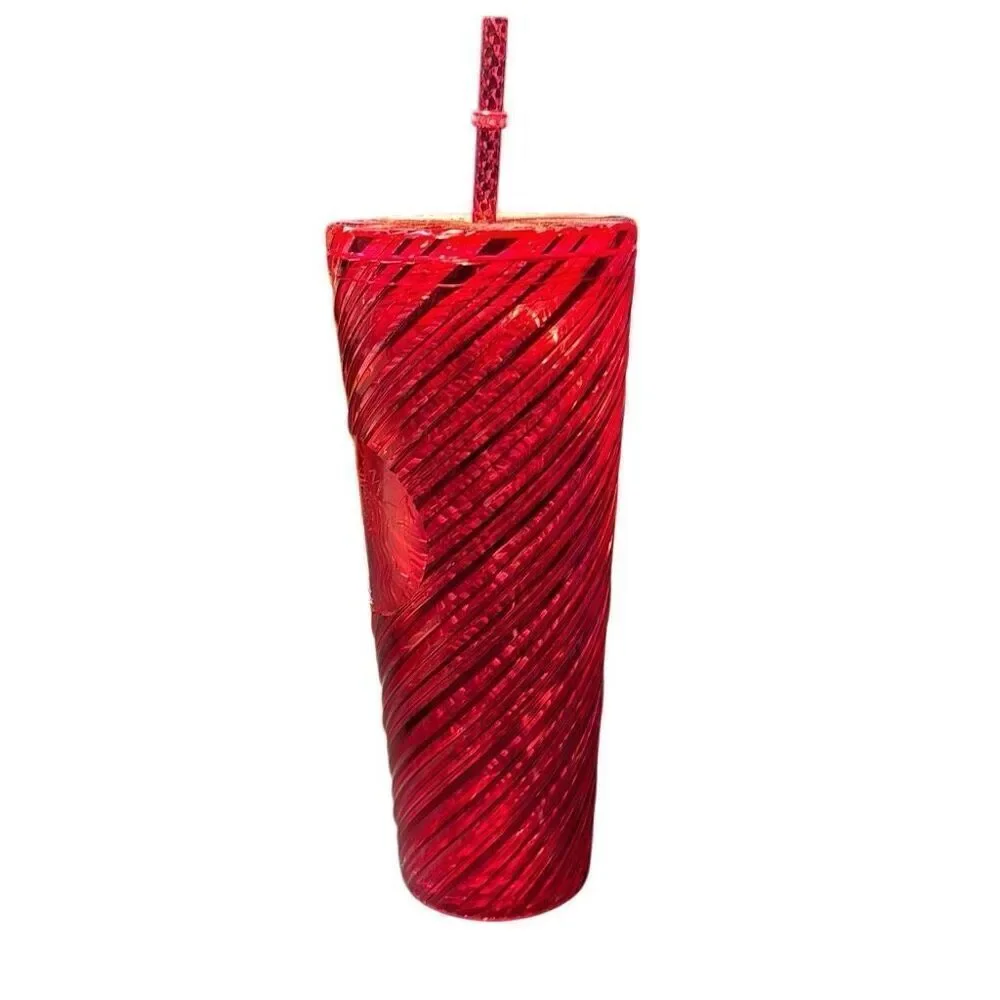 Starbucks  Red Christmas 2024 Swirls Stripes Venti Cold Cup Tumbler with Lid